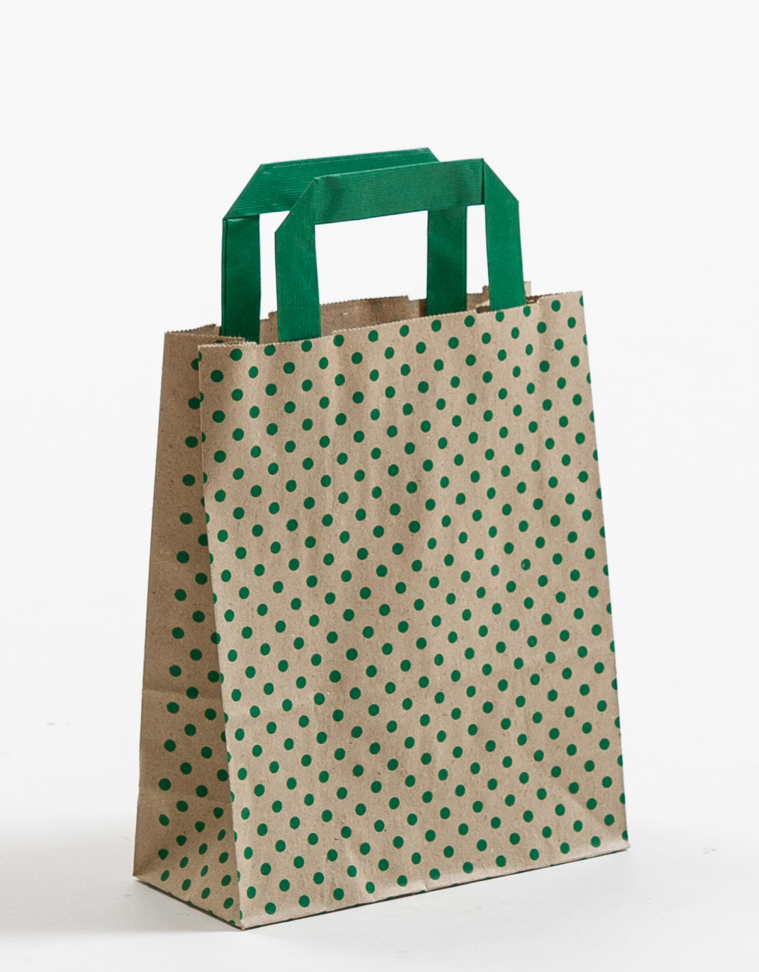 Produktbild Papiertragetaschen mit Flachhenkel aus Graspapier mit grünen Punkten in der Größe 18 x 8 x 22 cm