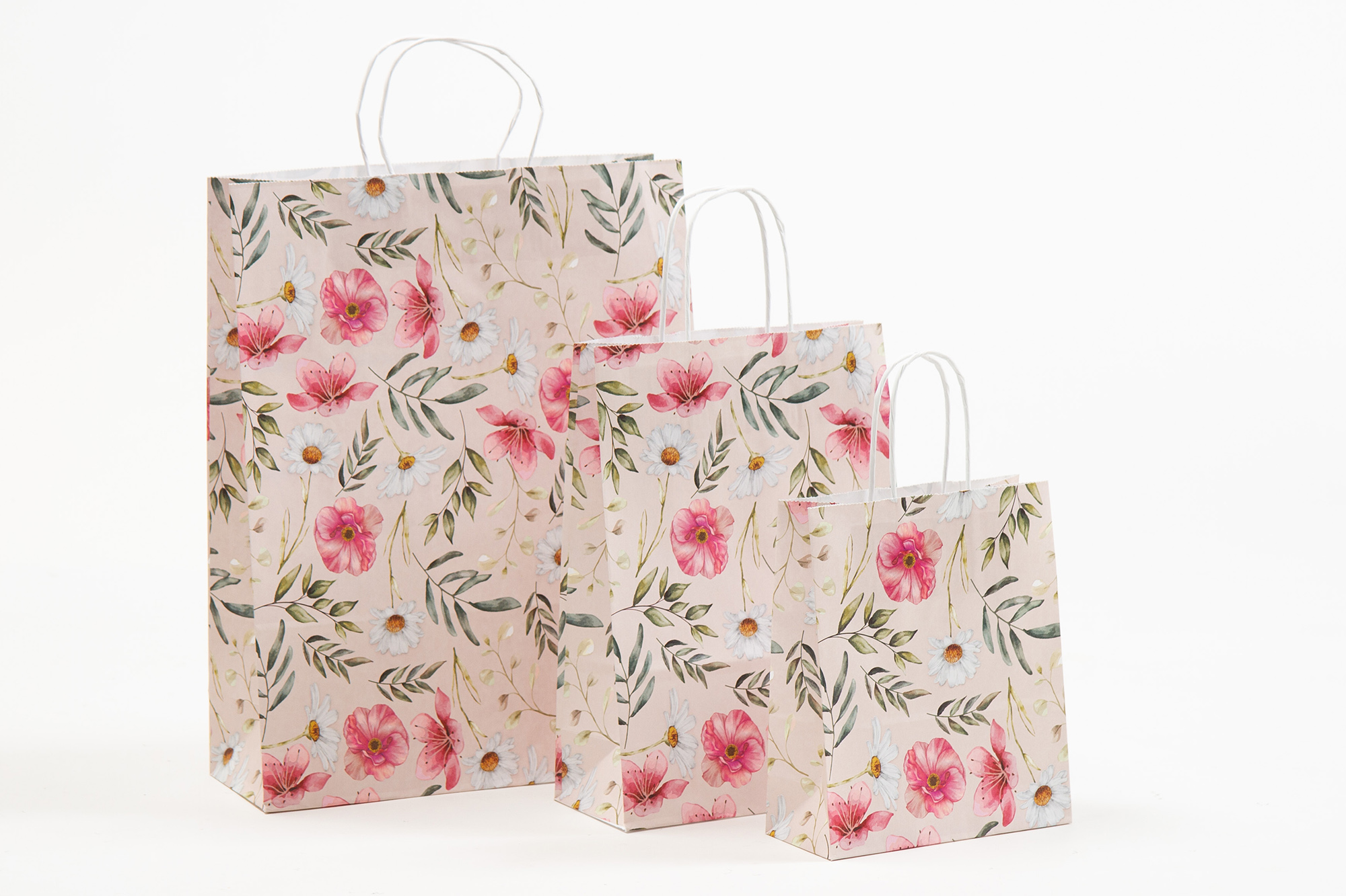 Gruppenbild Papiertragetaschen mit gedrehter Papierkordel Blütenpracht Blumen