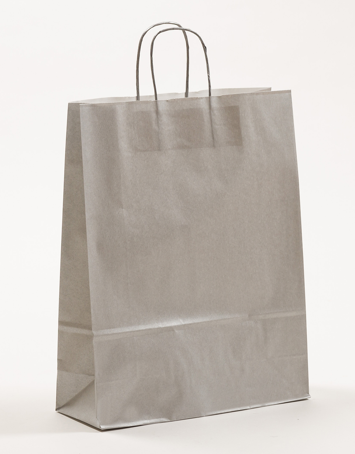 Produktbild Papiertragetaschen mit gedrehter Papierkordel silber in der Größe 32 x 12 x 40 cm