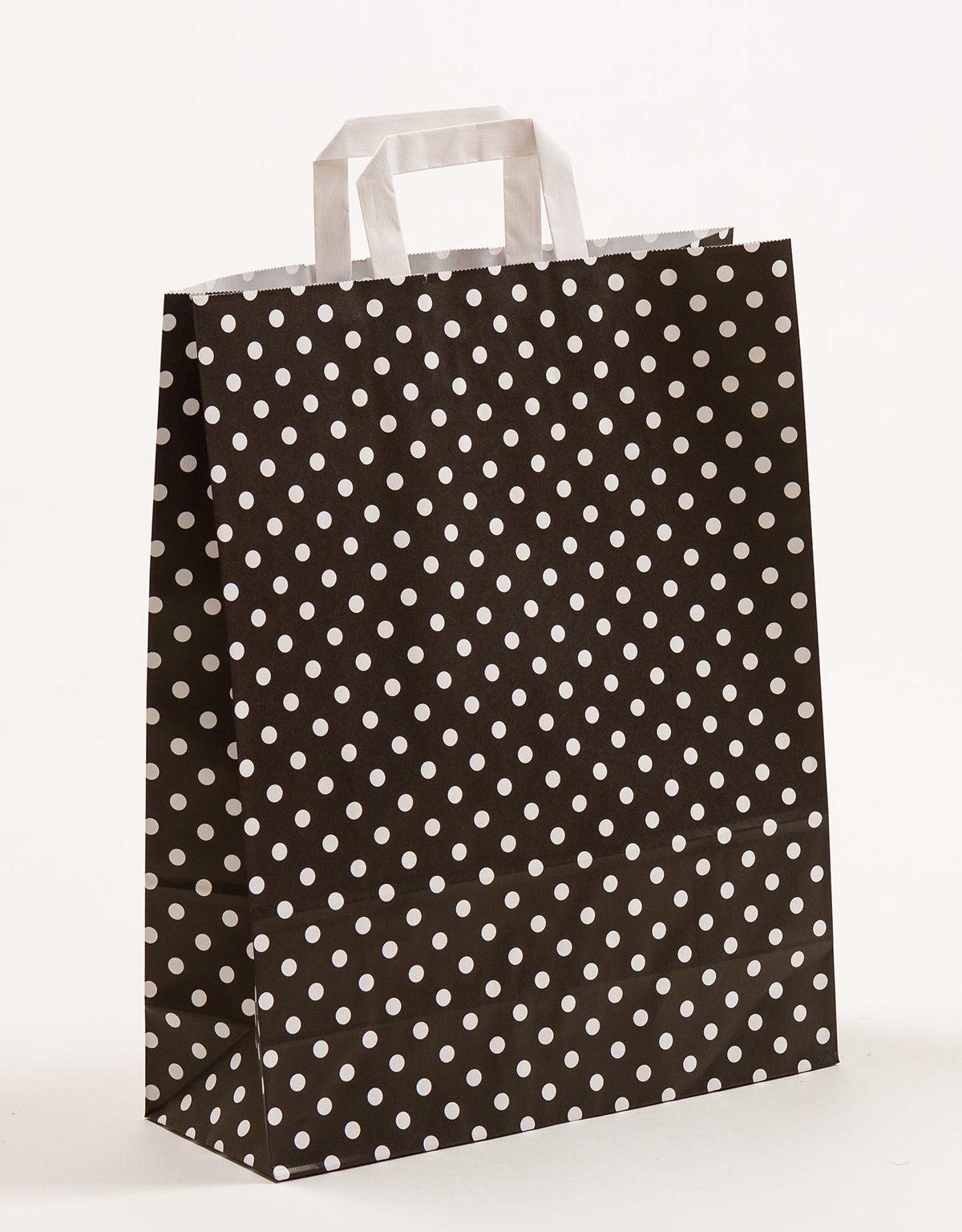 Produktbild Papiertragetaschen mit Flachhenkel schwarz mit Punkten in der Größe 32 x 12 x 40 cm