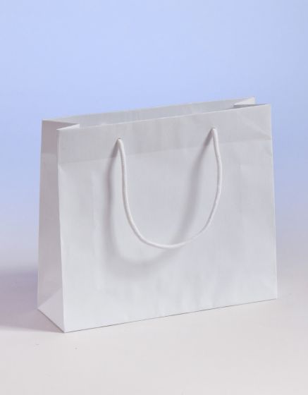 Produktbild SALE Papiertragetaschen aus Sealingpapier (gerippt) mit Stoffkordeln weiß in der Größe 32 x 10 x 27,5 + 5 cm