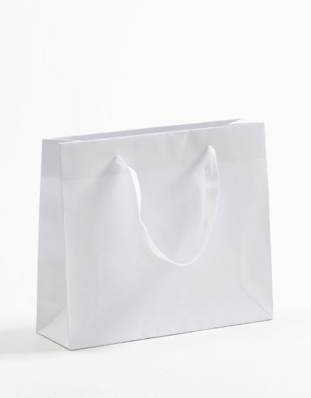 Produktbild Papiertragetaschen Royal mit Stoffbändern weiß in der Größe 32 x 10 x 27,5 + 5 cm