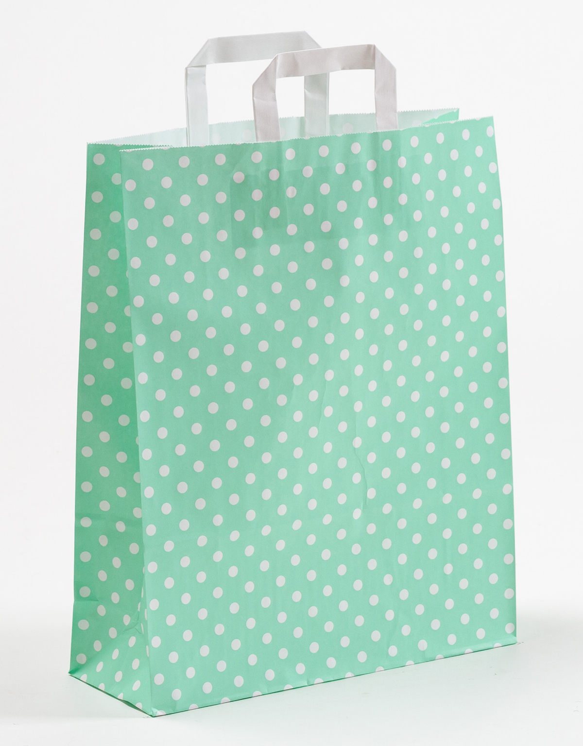 Produktbild Papiertragetaschen mit Flachhenkel mintgrün mit Punkten in der Größe 32 x 12 x 40 cm