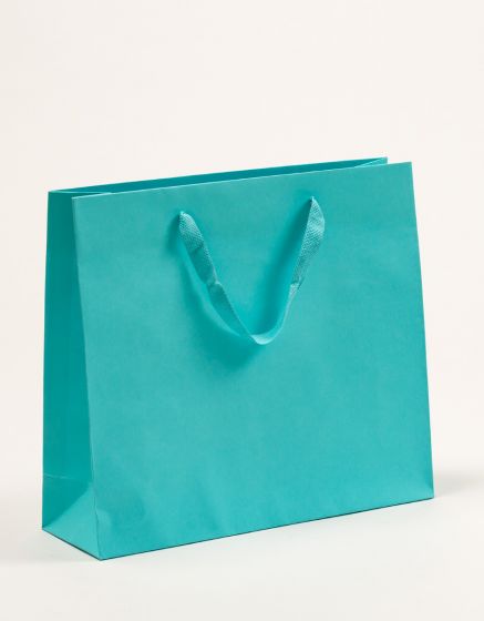 Produktbild Papiertragetaschen Royal mit Stoffbändern türkis in der Größe 42 x 13 x 37 + 6 cm