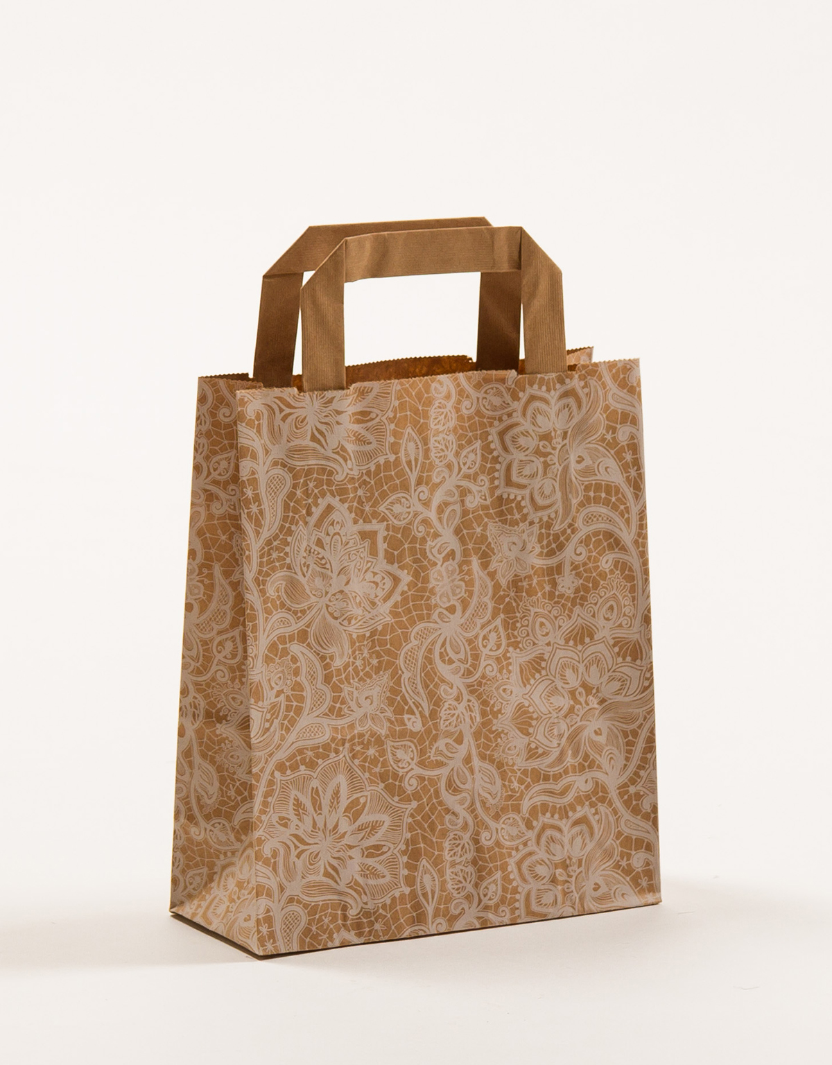 Produktbild Papiertragetaschen mit Flachhenkel - Spitze weiß in der Größe 18 x 8 x 22 cm