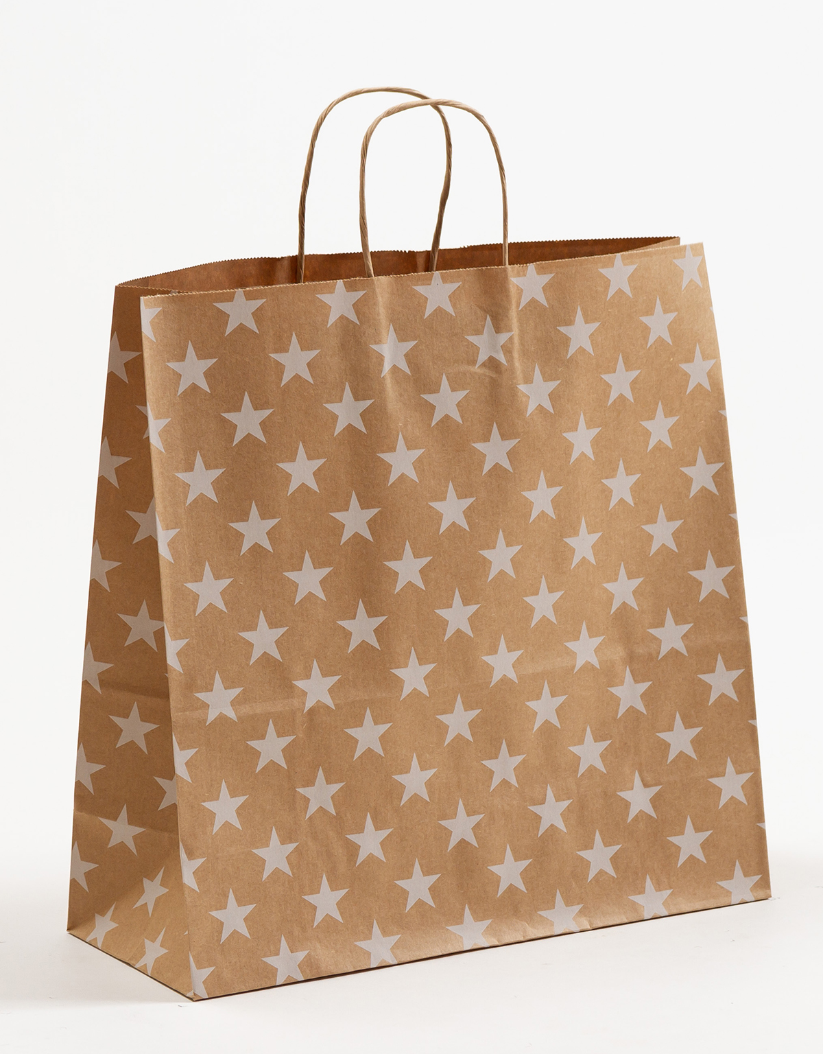 Produktbild SALE Papiertragetaschen mit gedrehter Papierkordel Sterne weiß in der Größe 35 x 14 x 35 cm